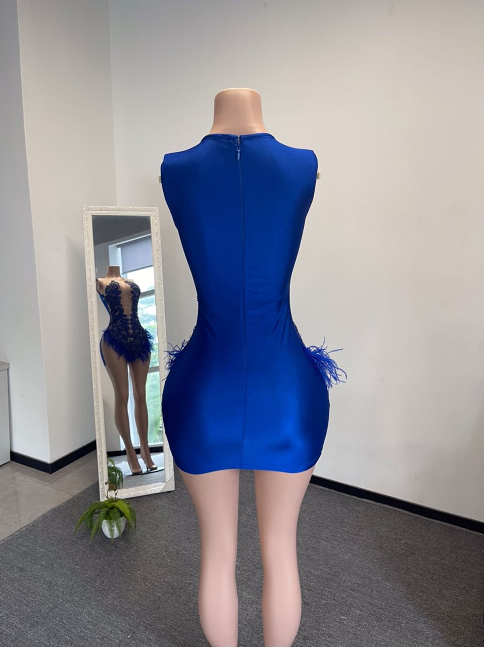 CRYSTAL BEADED MOTIF SEW ON GLASS ROYAL BLUE FEATHER DRESS