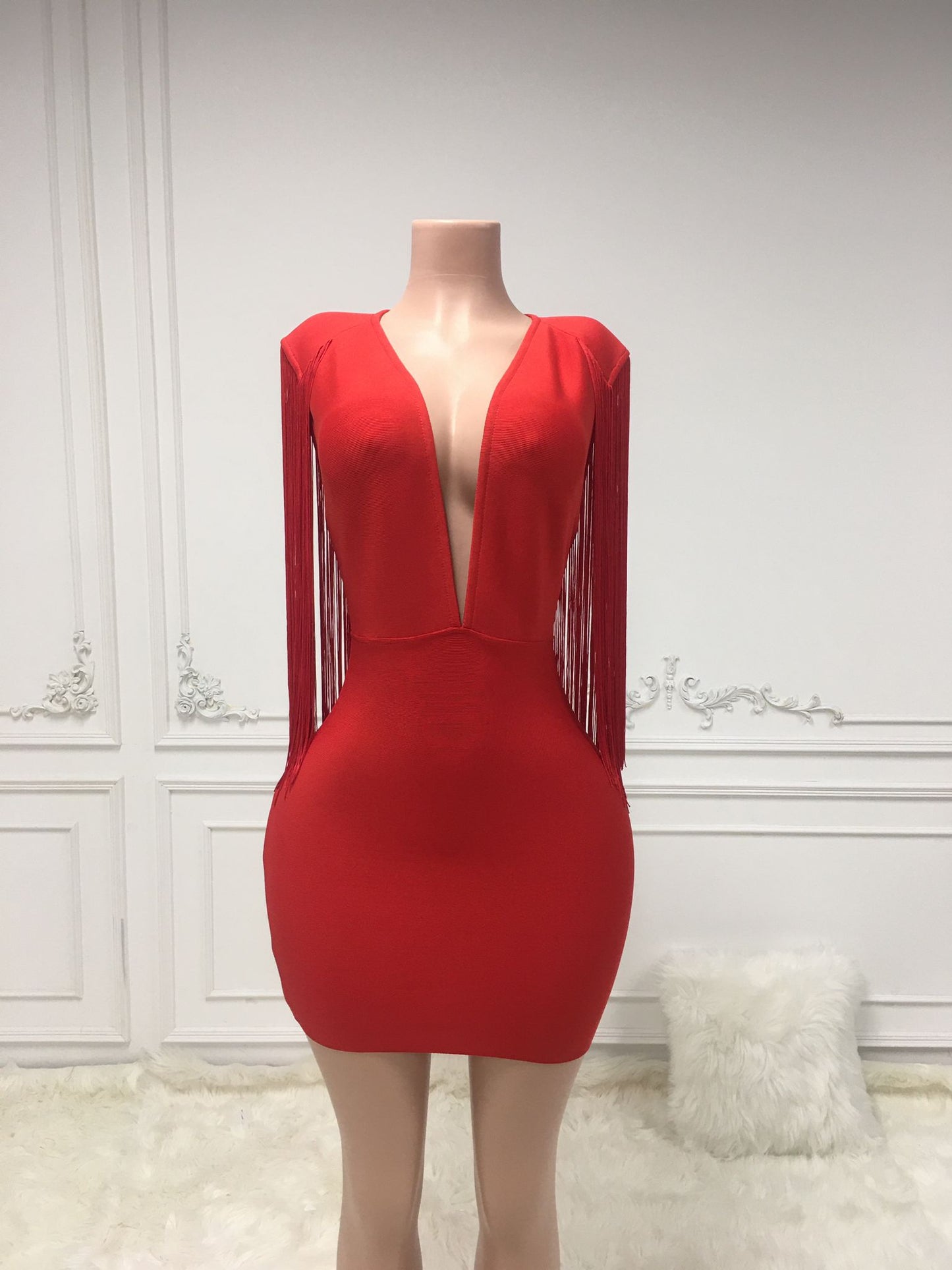 SEXY V-NECK BODYCON TASSEL SHOULDER RED BANDAGE DRESS
