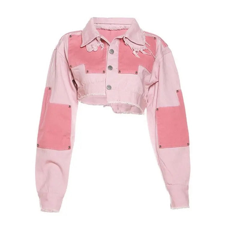 LAPEL JACKETS RAW EDGE MINI SKIRT PINK PATCH DENIM SUIT