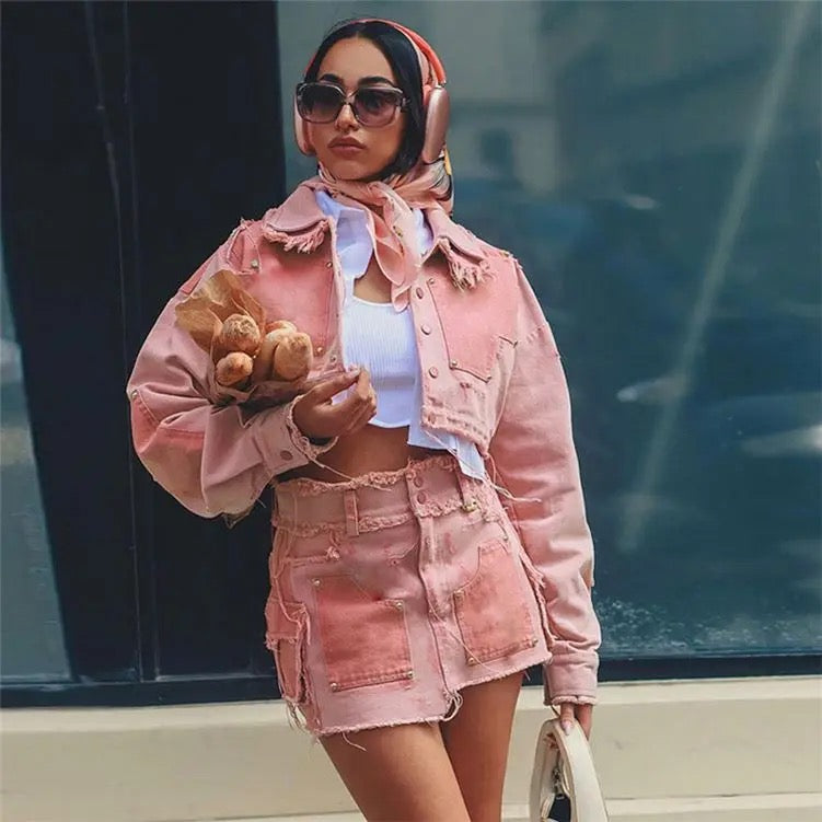 LAPEL JACKETS RAW EDGE MINI SKIRT PINK PATCH DENIM SUIT