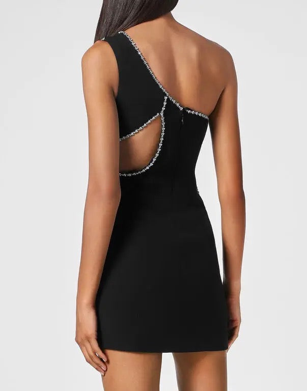 BLACK MINI ONE SHOULDER SLEEVELESS SEXY RHINESTONE EMBELLISHED MINI DRESS