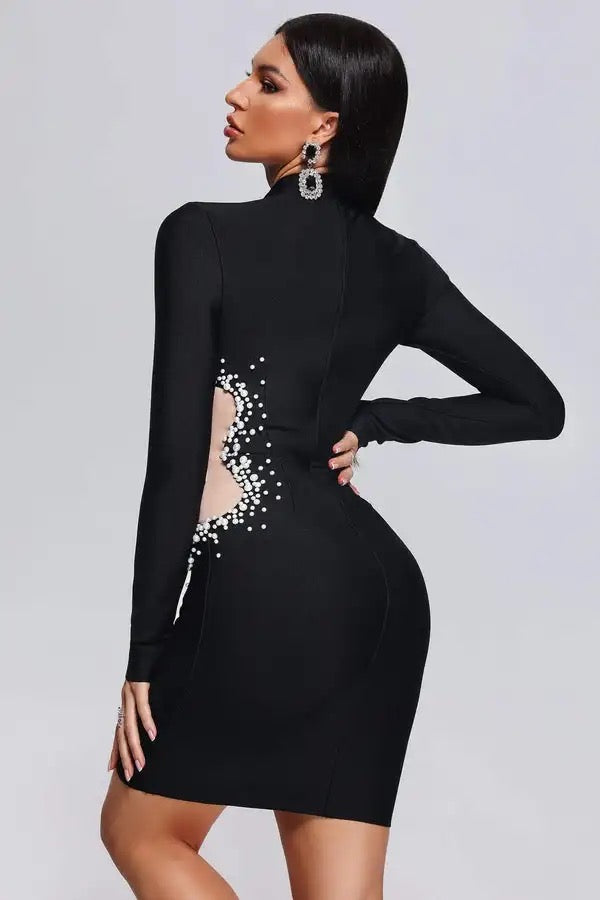 MESH HOLLOW OUT PEARLS BODY-CON MINI LONG SLEEVE ELEGANT BANDAGE DRESS