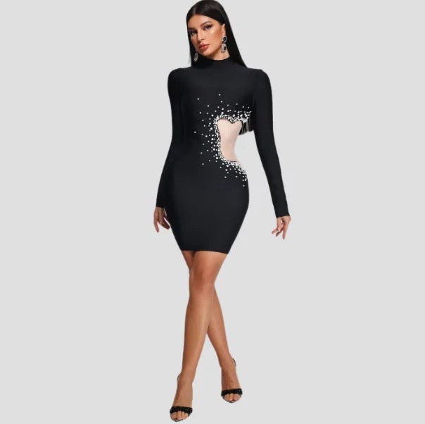 MESH HOLLOW OUT PEARLS BODY-CON MINI LONG SLEEVE ELEGANT BANDAGE DRESS