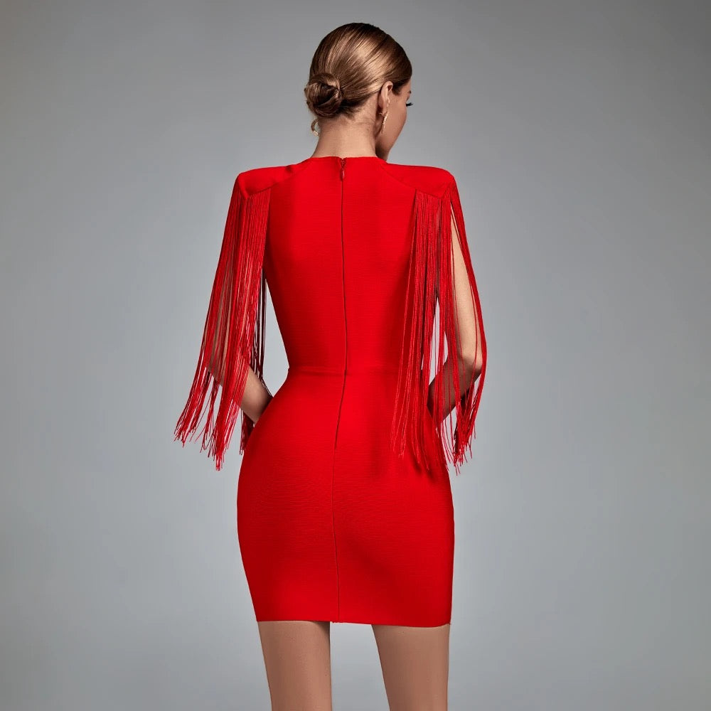 SEXY V-NECK BODYCON TASSEL SHOULDER RED BANDAGE DRESS