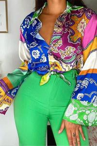 SCARF PRINT BELL SLEEVE BUTTON UP TOP