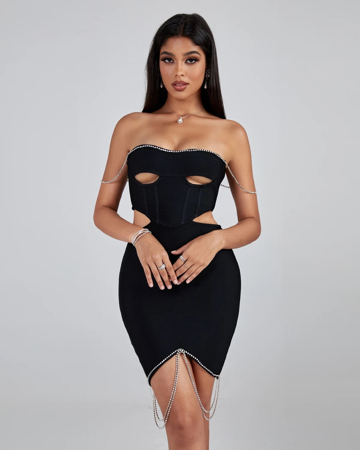 FASHION BANDAGE DRESS SPARKLY DIAMOND CHAIN CUTOUT MINI DRESS