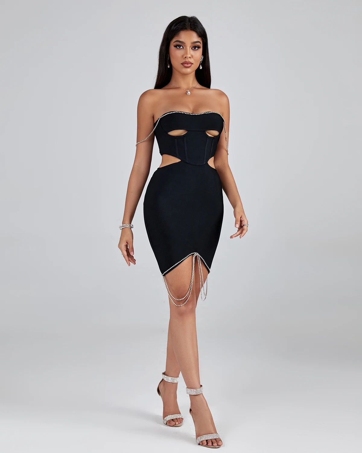 FASHION BANDAGE DRESS SPARKLY DIAMOND CHAIN CUTOUT MINI DRESS