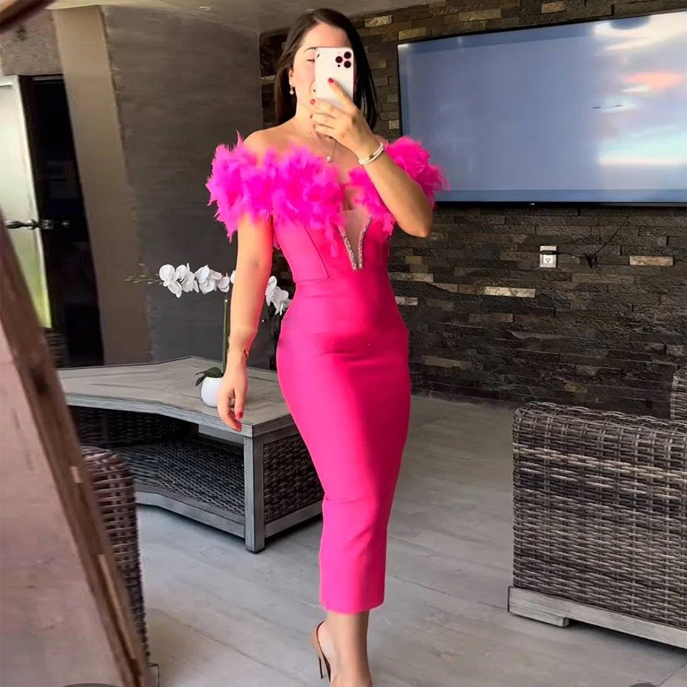 ELEGANT BANDAGE STRAPLESS FEATHER BODY-CON COCKTAIL DRESS