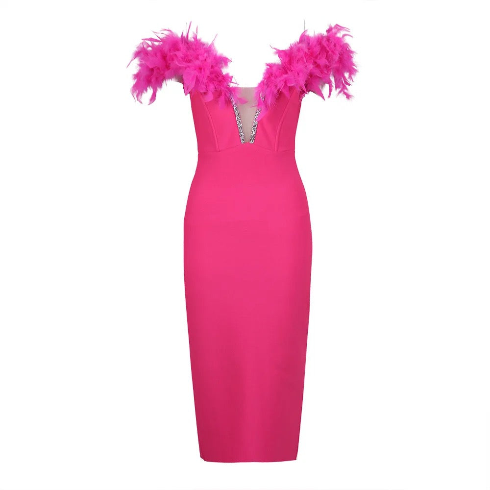 ELEGANT BANDAGE STRAPLESS FEATHER BODY-CON COCKTAIL DRESS