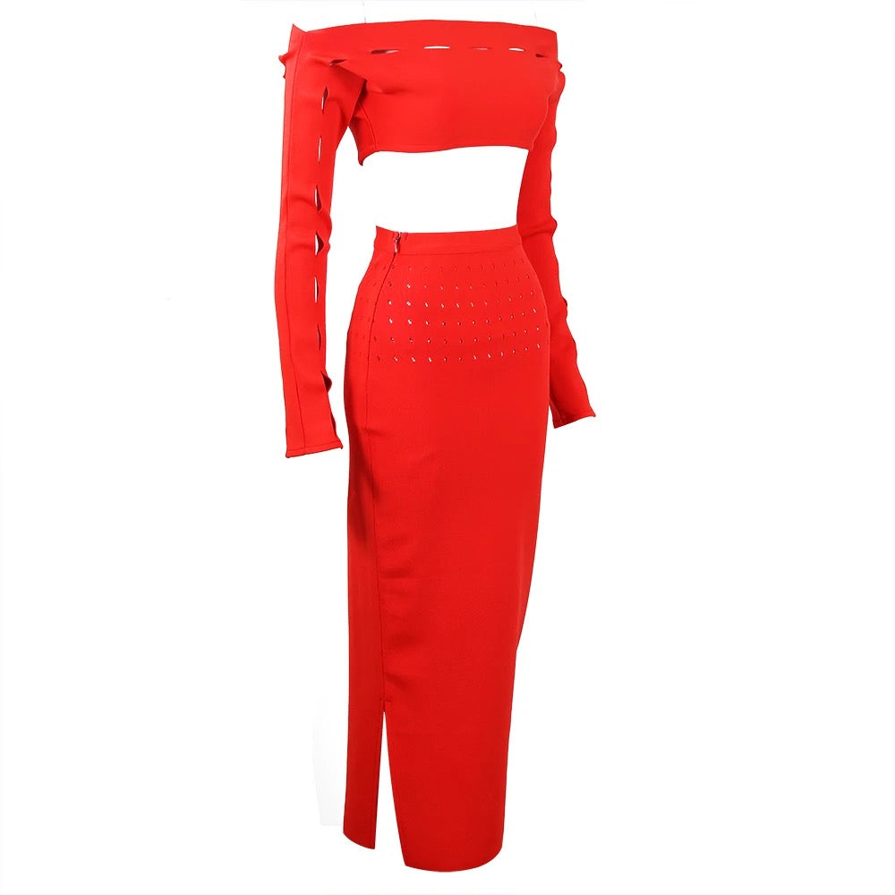 SLASH NECK LONG SLEEVE SKIRT SET FASHION DESIGN