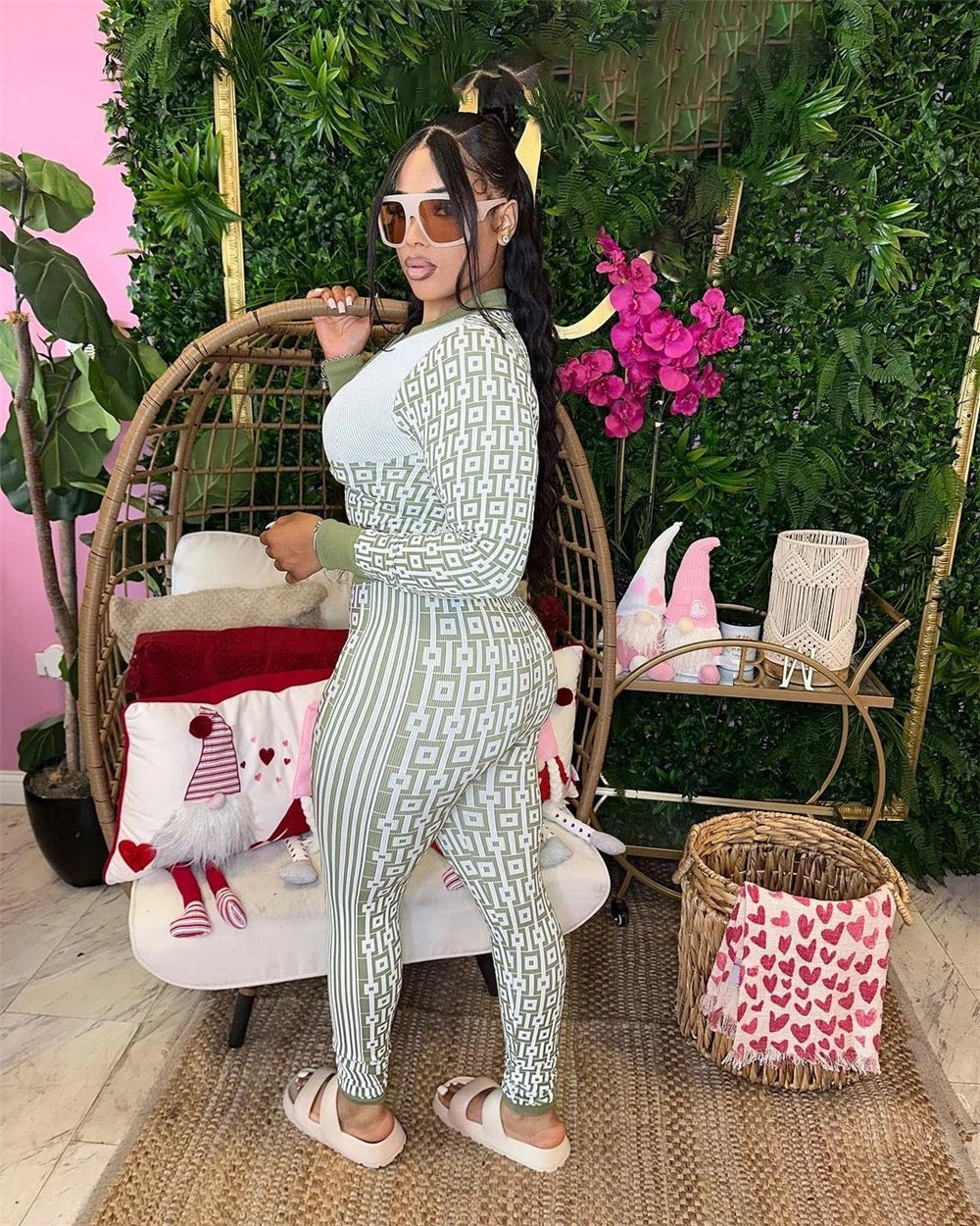 SKINNY TIGHT SPORT JOGGER LONG SLEEVE PRINTED CROP TOP LEGGINGS SET