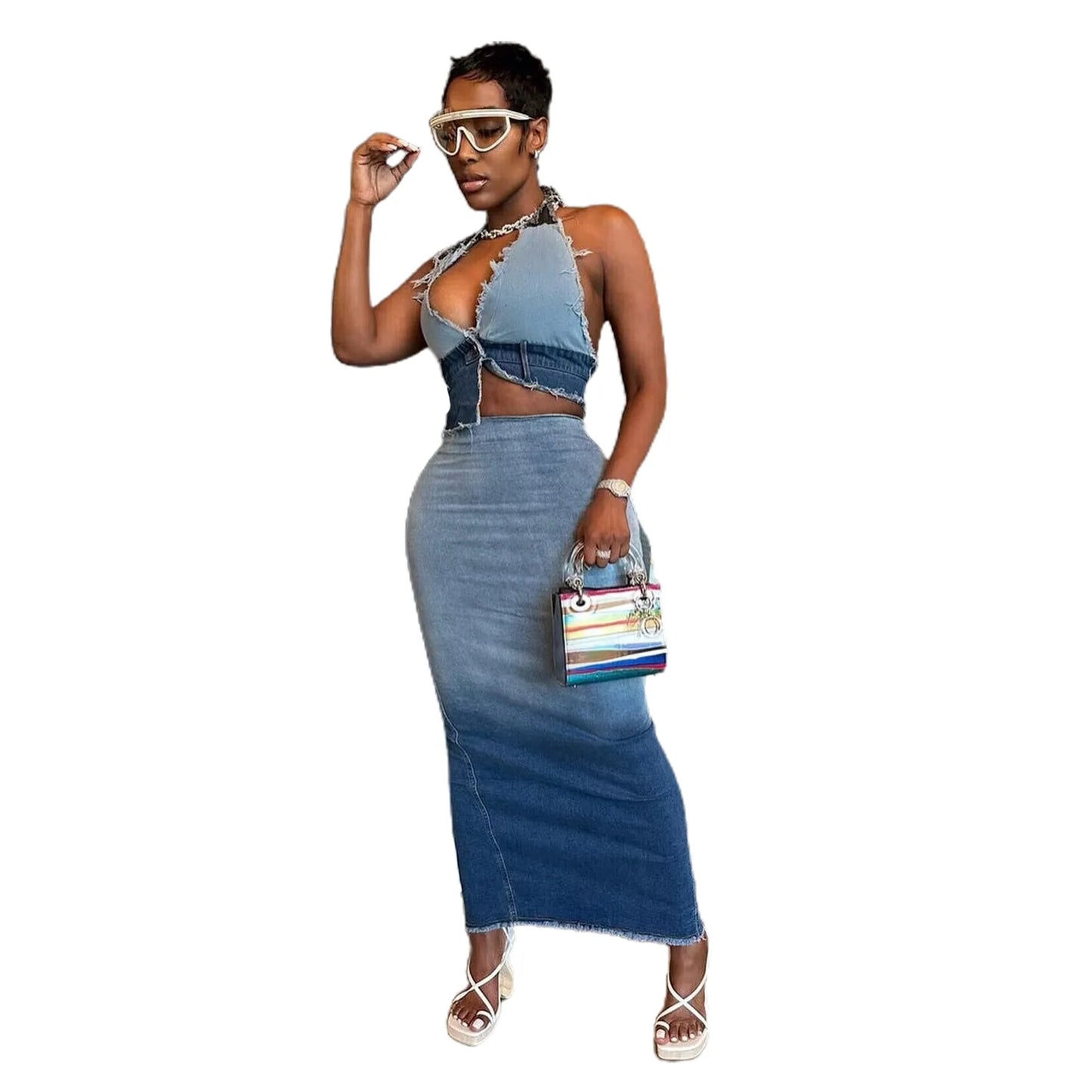 TWO TONE FASHION SEXY DENIM BACKLESS CROP TOP AND MAXI SKIRT SET