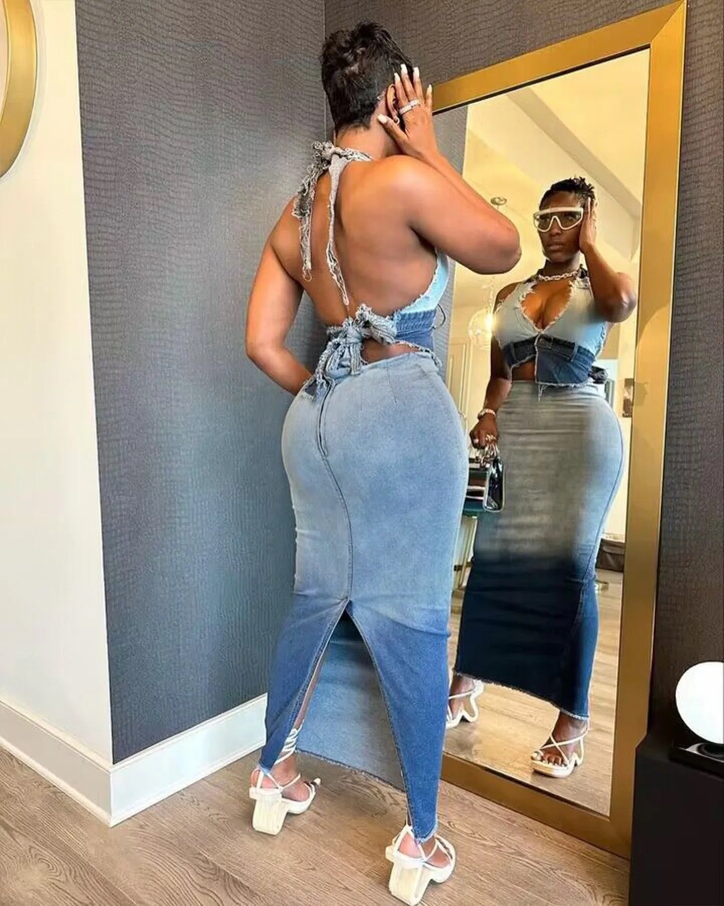 TWO TONE FASHION SEXY DENIM BACKLESS CROP TOP AND MAXI SKIRT SET