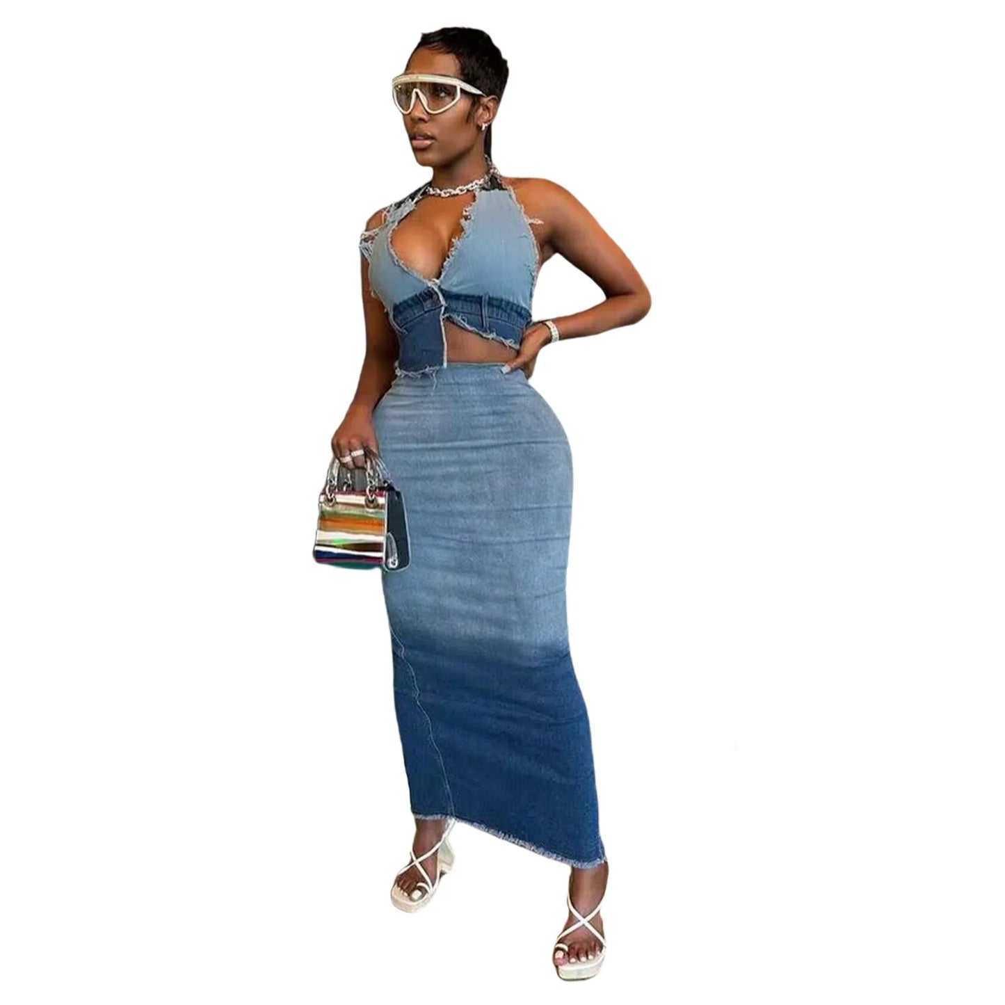 TWO TONE FASHION SEXY DENIM BACKLESS CROP TOP AND MAXI SKIRT SET