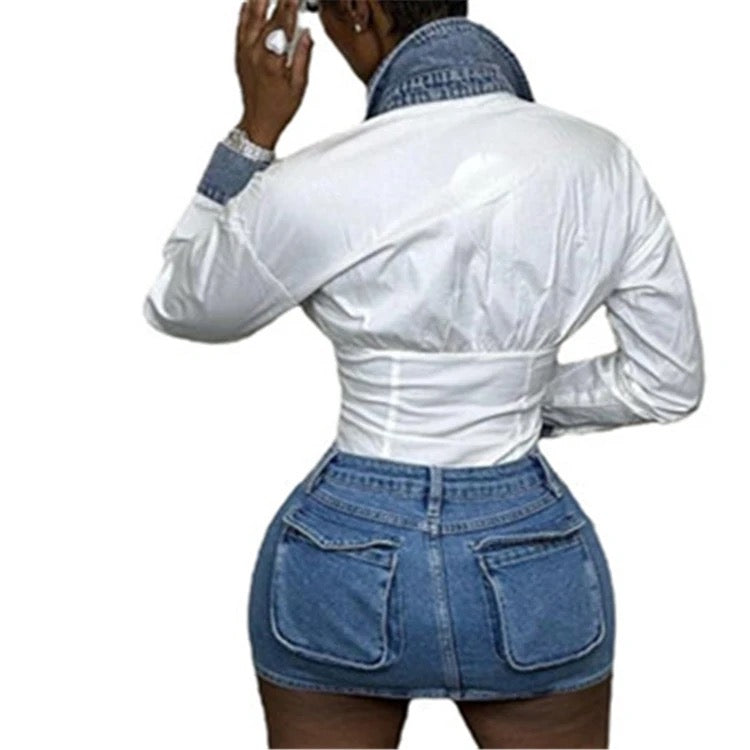 DENIM BUTTON FLY 3D POCKETS MINI CARGO SKIRTS