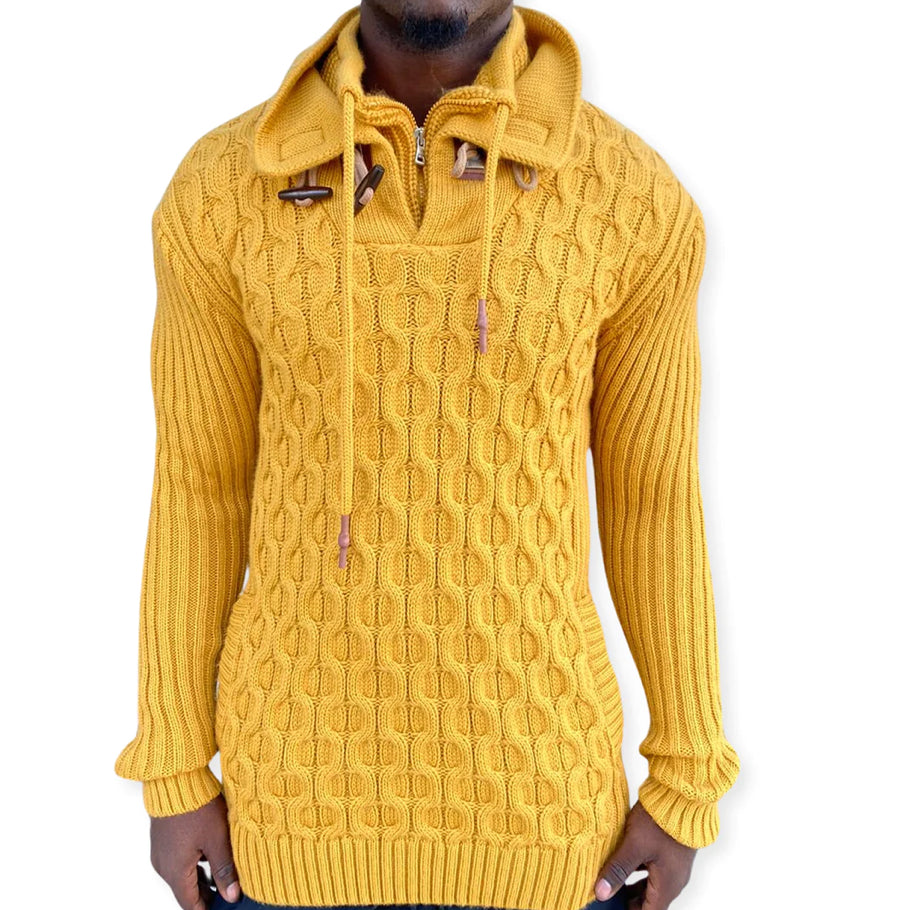 JORDAN YELLOW MENS QUARTER ZIP WOOL SWEATER WITH WOOD BUTTONS