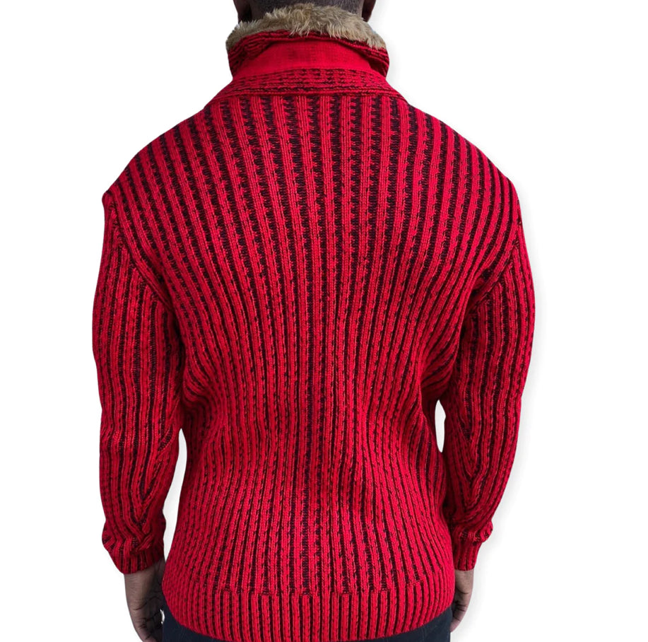 EZRA RED WOOL SHAWL COLLAR SWEATER WITH FUR AND LEATHER WOOD BUTTONS