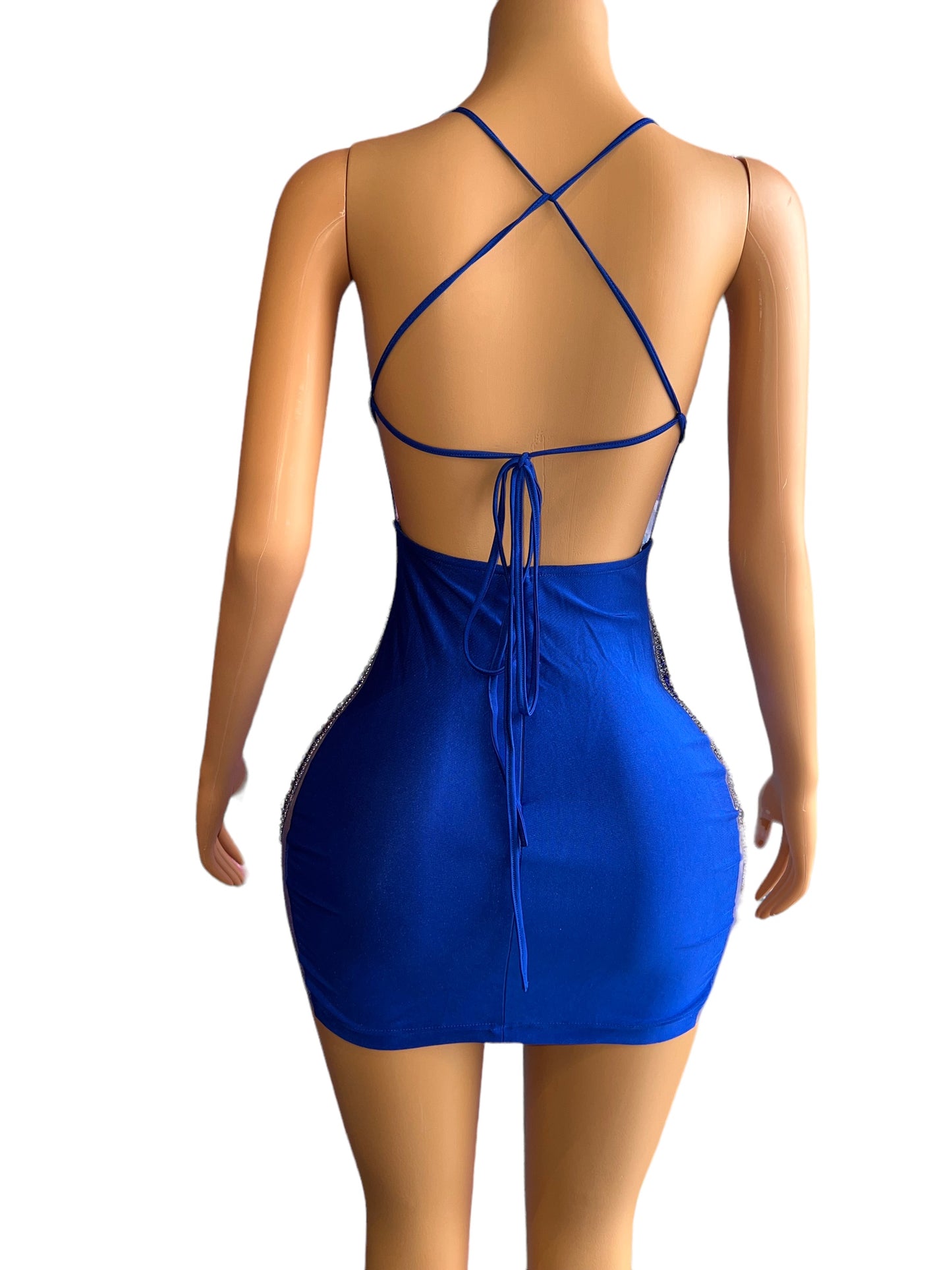 IRREGULAR HEM CRYSTAL MIRROR RHINESTONE GLITTER DRESS BLUE