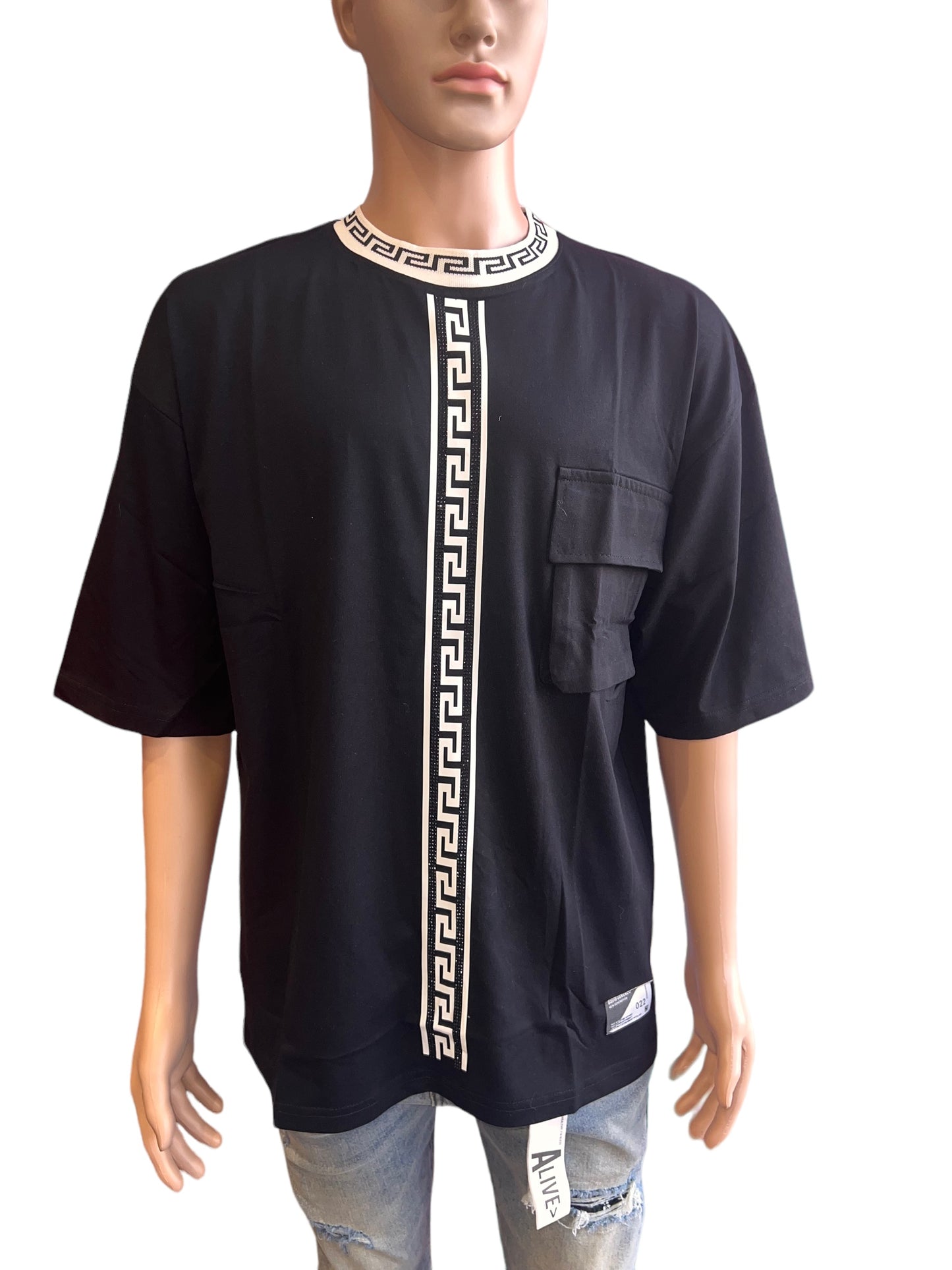 MEN'S PRINTED MONOGRAM CASUAL INK PRINTED SHIRT BLACK TOP WITH RHINESTONES