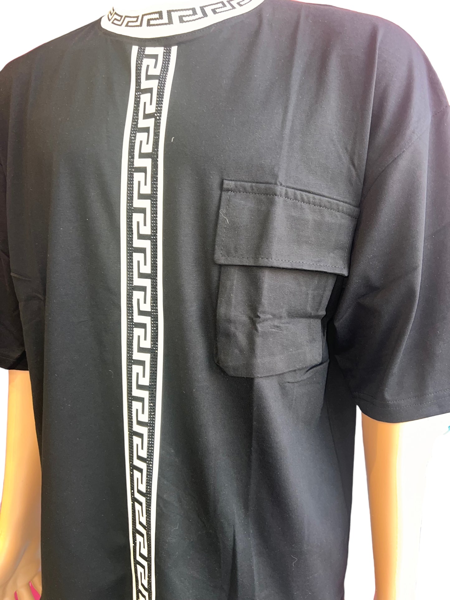 MEN'S PRINTED MONOGRAM CASUAL INK PRINTED SHIRT BLACK TOP WITH RHINESTONES