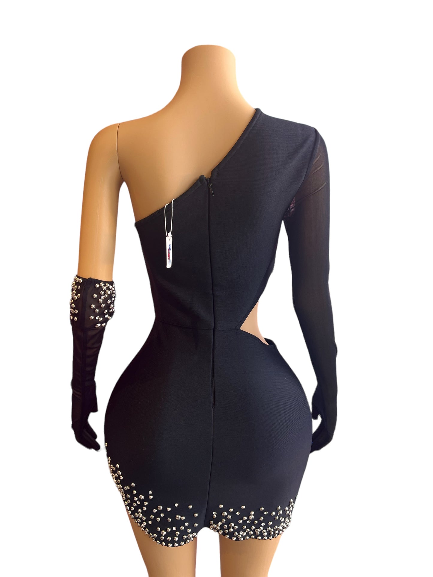 RIVET SEXY BANDAGE RHINESTONE BLACK DRESS