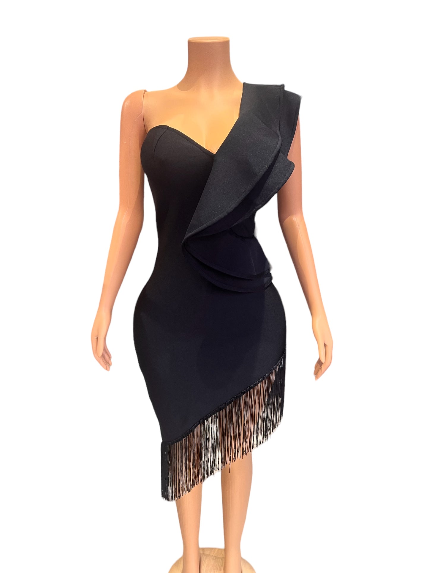 OBLIQUE SHOULDER BANDAGE DRESS WITH FRINGE EVENING GOWN