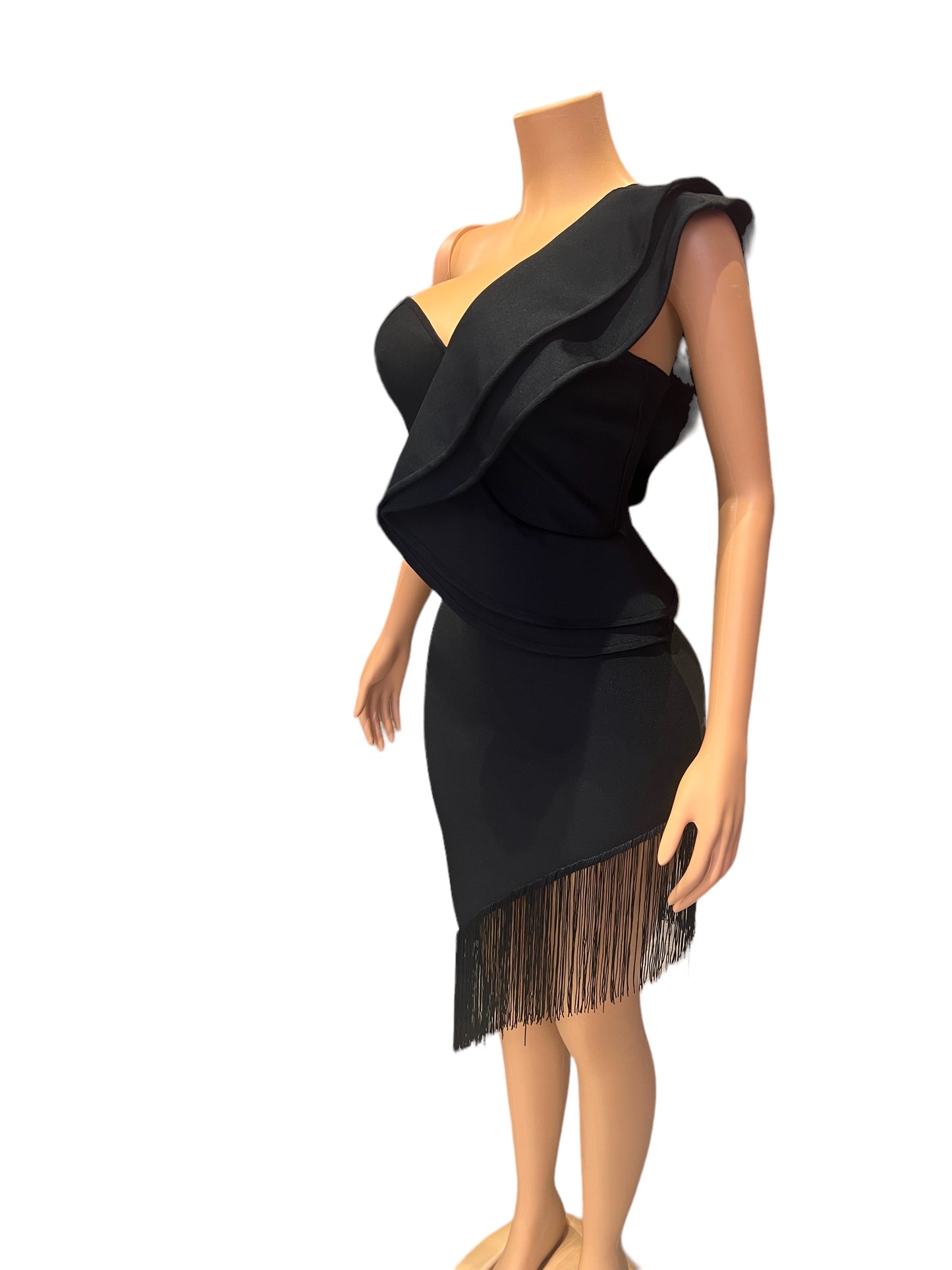 OBLIQUE SHOULDER BANDAGE DRESS WITH FRINGE EVENING GOWN