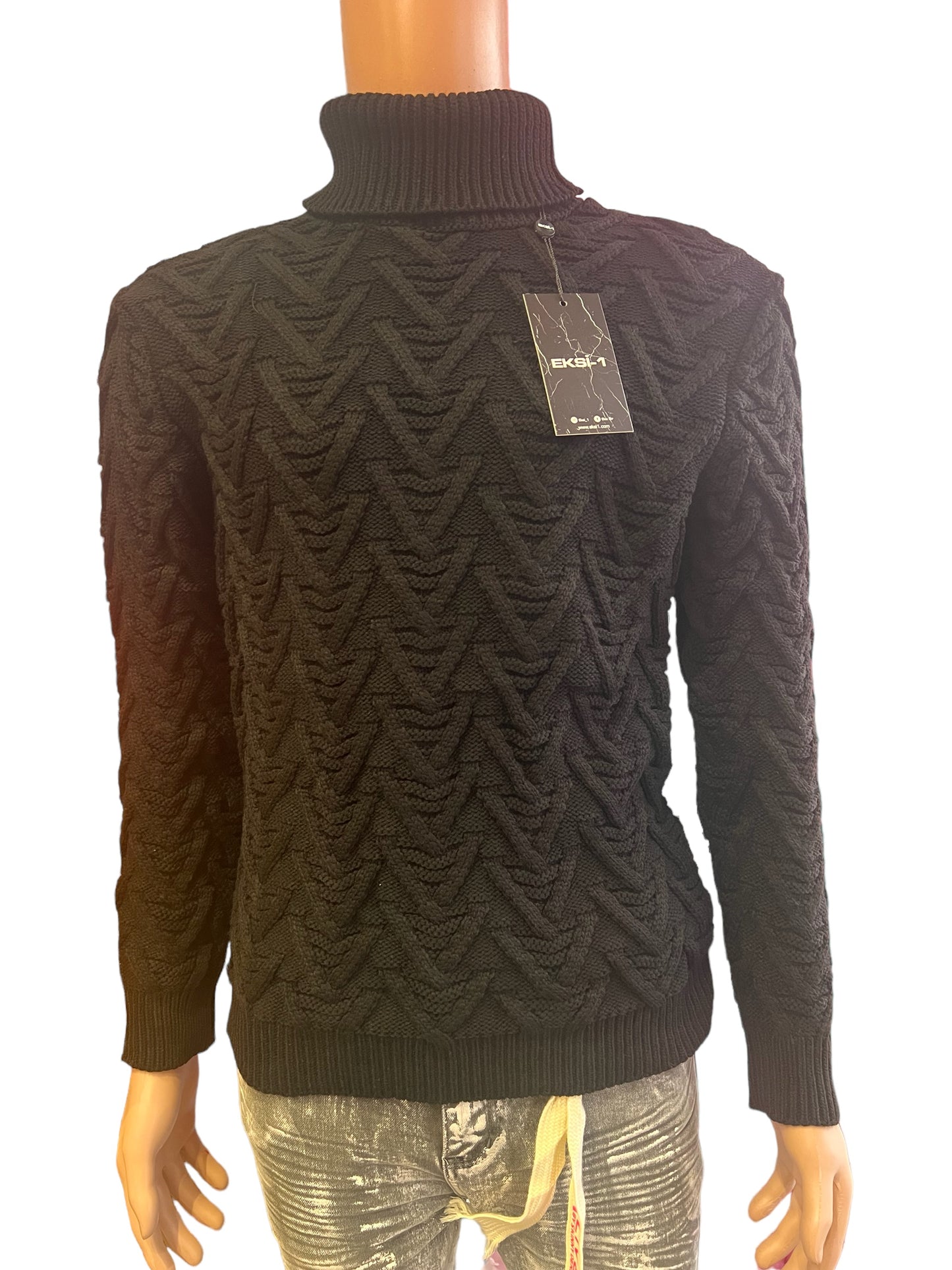 WOOL COLLAR BLACK TURTLENECK LONG SLEEVE SWEATER