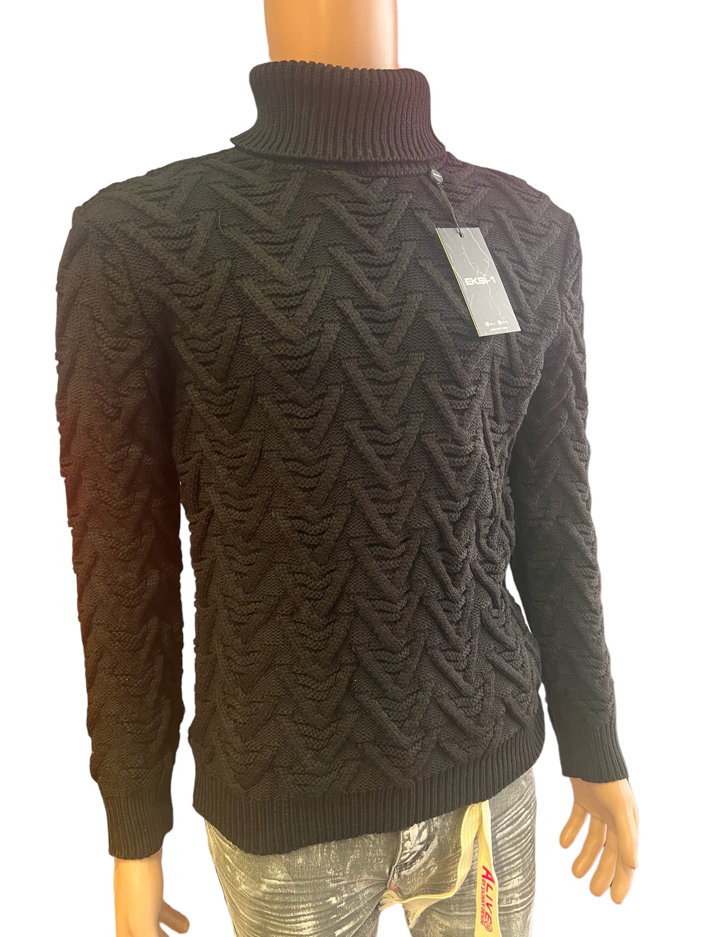 WOOL COLLAR BLACK TURTLENECK LONG SLEEVE SWEATER