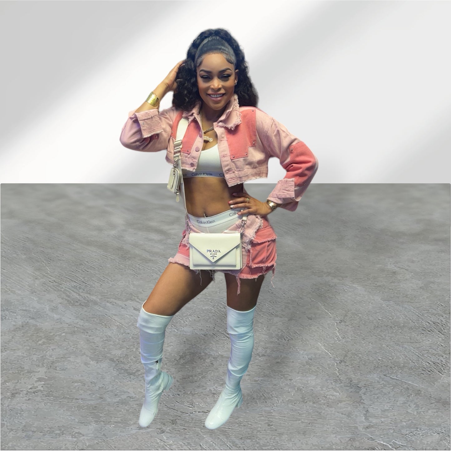 LAPEL JACKETS RAW EDGE MINI SKIRT PINK PATCH DENIM SUIT