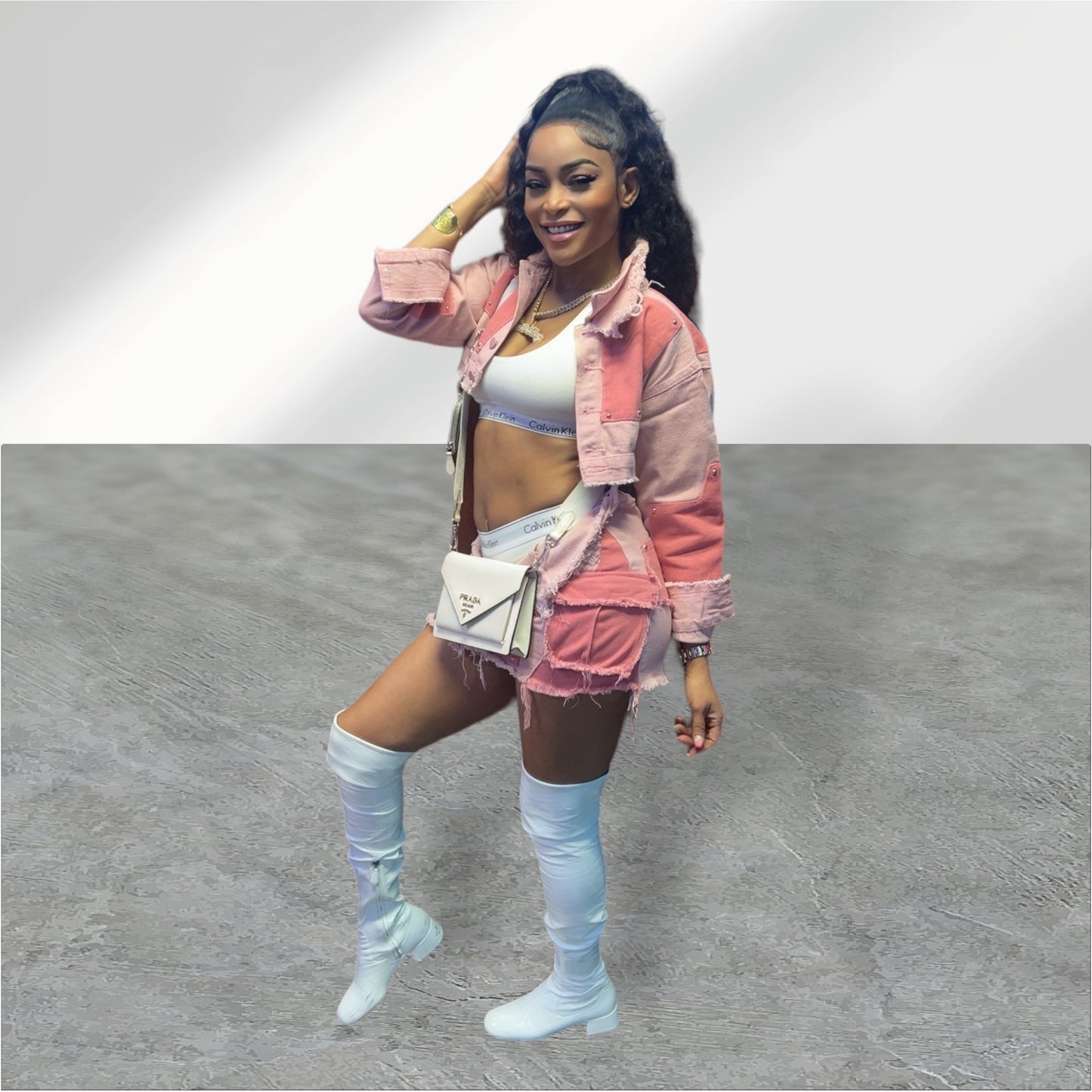 LAPEL JACKETS RAW EDGE MINI SKIRT PINK PATCH DENIM SUIT