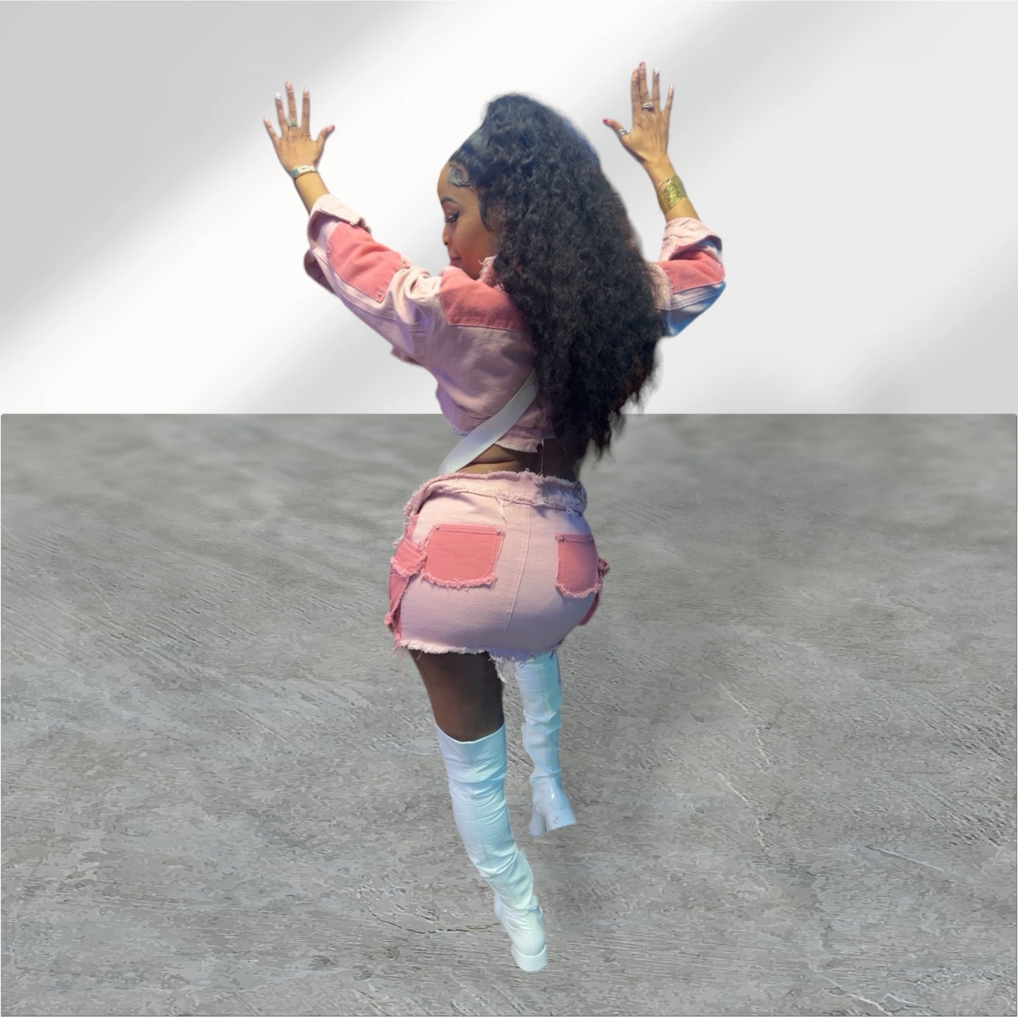 LAPEL JACKETS RAW EDGE MINI SKIRT PINK PATCH DENIM SUIT