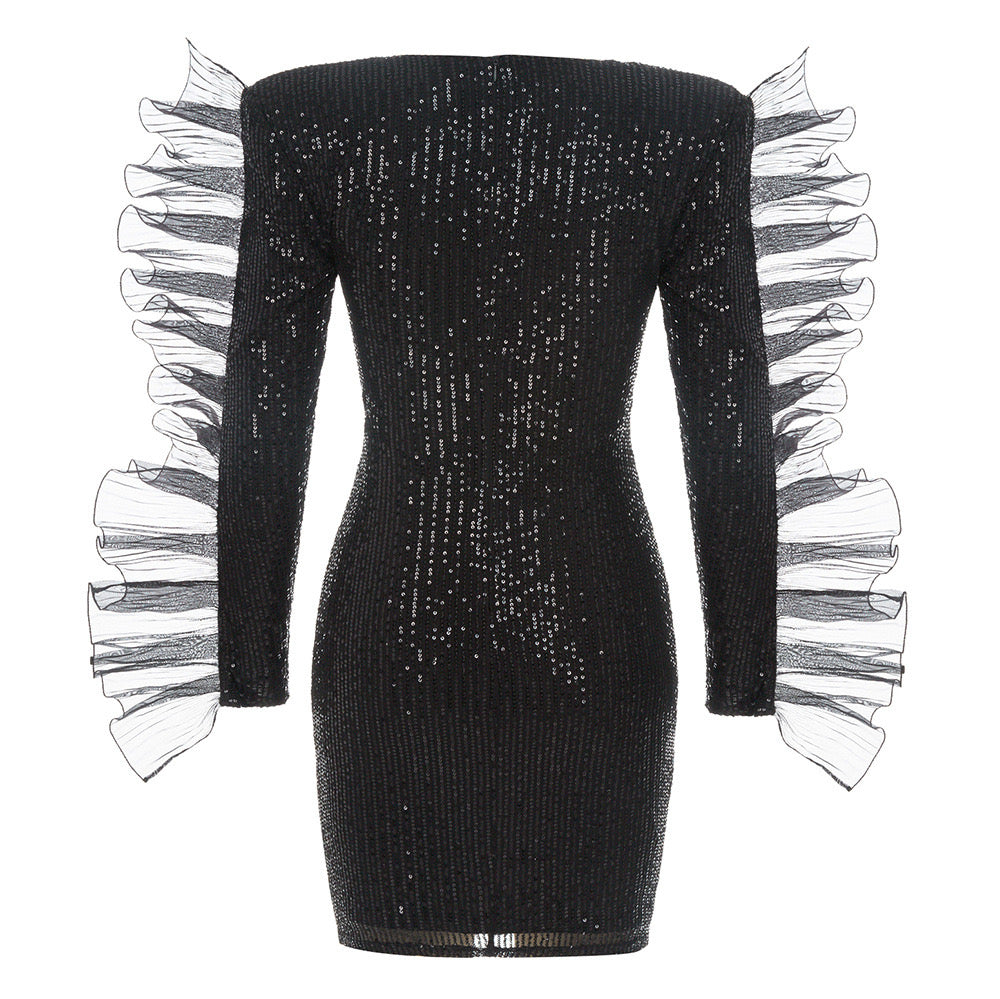 SEQUIN SQUARE COLLAR LONG SLEEVE DRESS