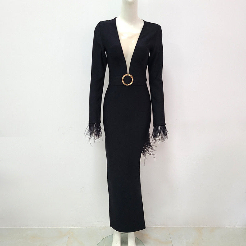 SEXY HIGH SLIT DEEP V-NECK FEATHER LONG SLEEVE DRESS