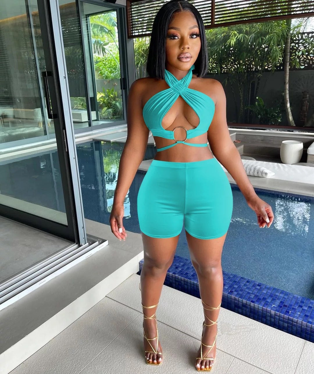 SEXY HALTER TWO-PIECE SOLID COLOR SET