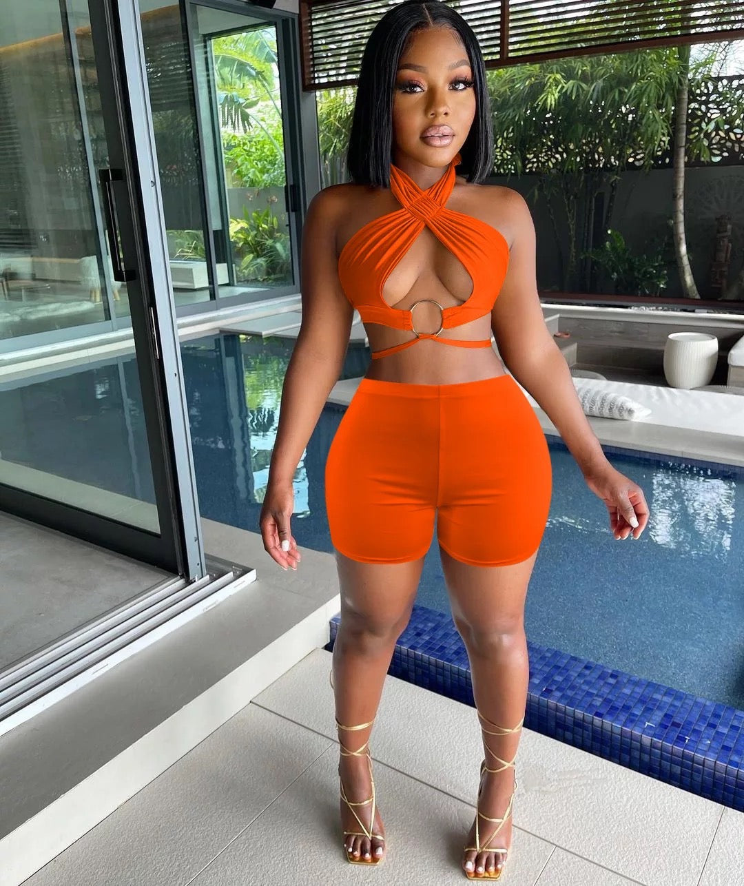SEXY HALTER TWO-PIECE SOLID COLOR SET