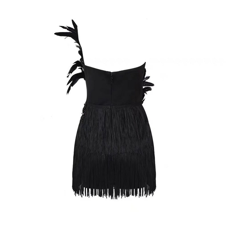 FASHION SMOOCHES CRYSTAL FRINGES FEATHER BODYSUIT