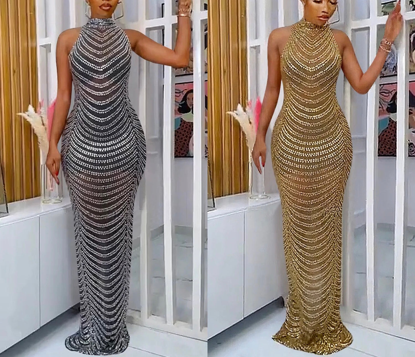 DRILLING STRIPED MESH BACKLESS DRESS