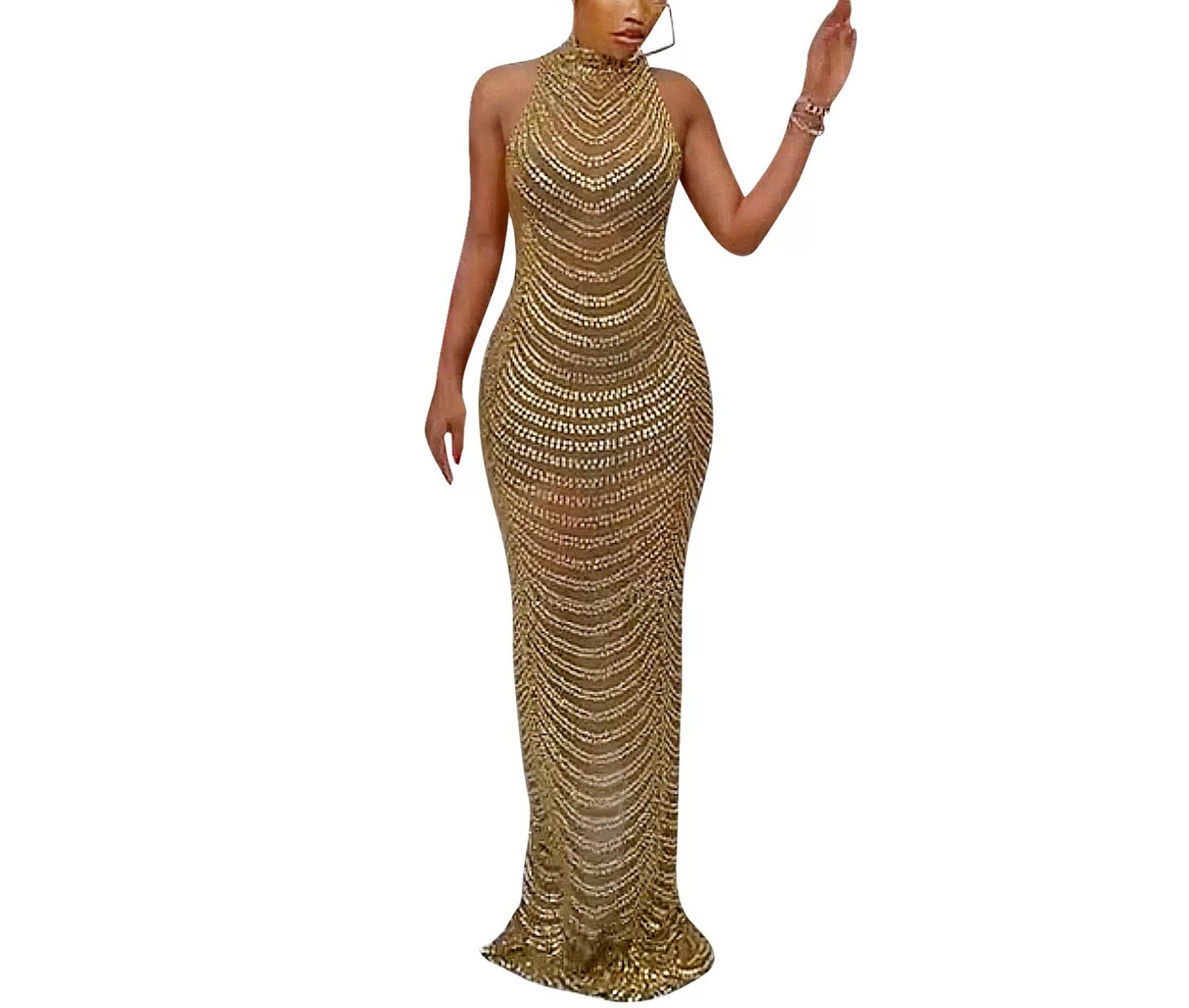 DRILLING STRIPED MESH BACKLESS DRESS
