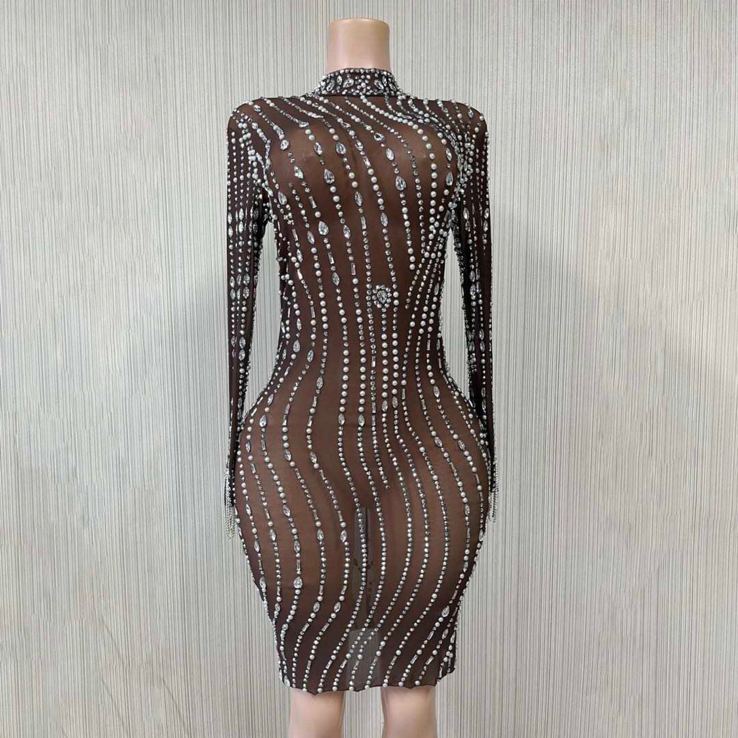 ELEGANT SHINT RHINESTONE PEARLS FRINGED DRESS