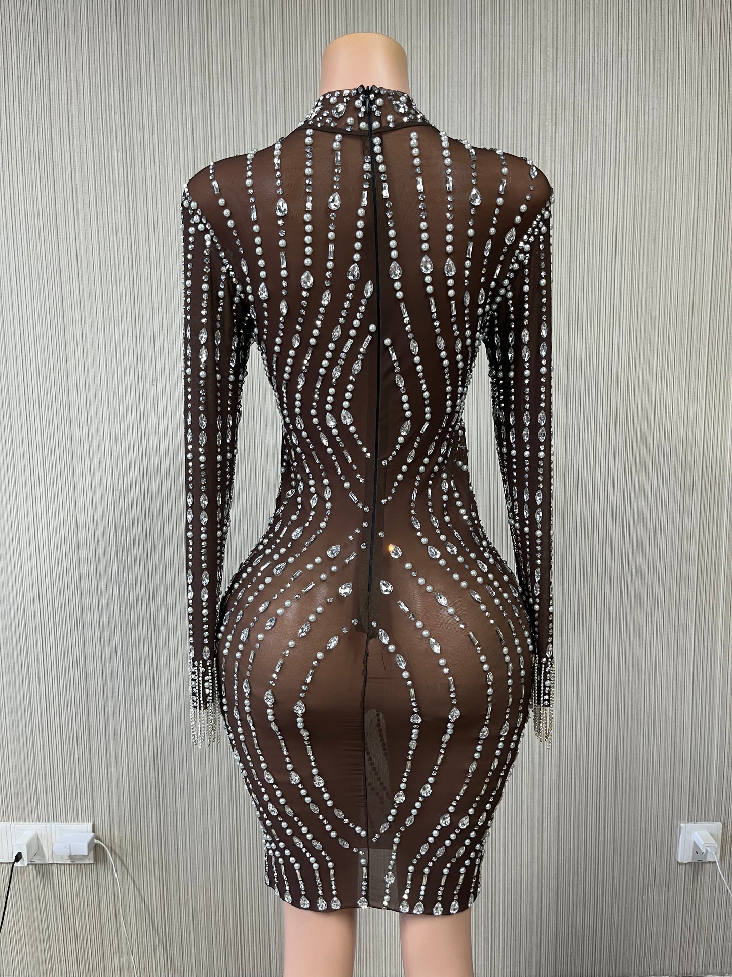 ELEGANT SHINT RHINESTONE PEARLS FRINGED DRESS