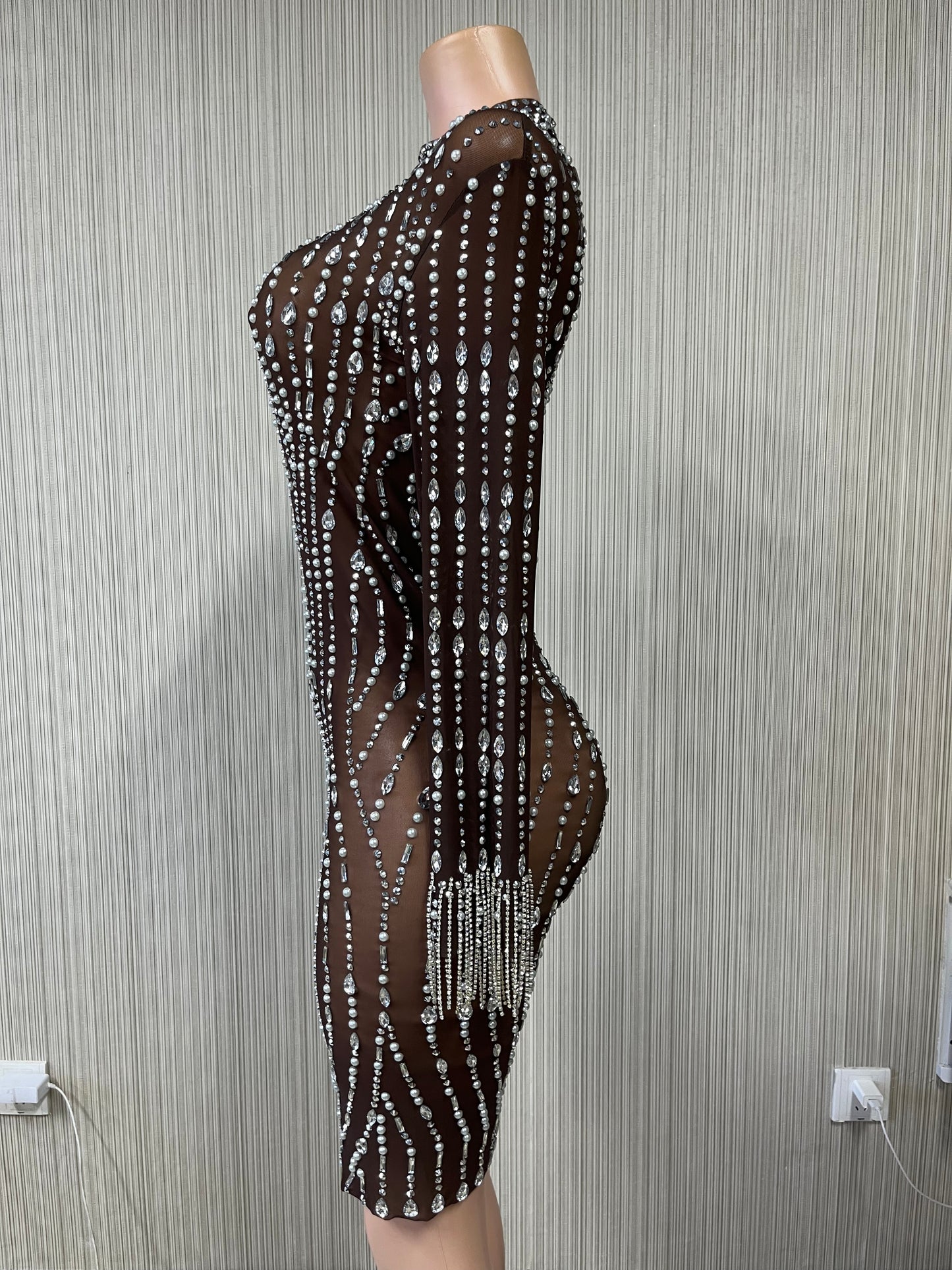 ELEGANT SHINT RHINESTONE PEARLS FRINGED DRESS