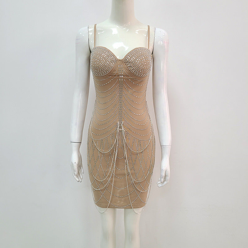 ELEGANT SEXY BACKLESS STRAP BEADING CHEST PAD DRESS