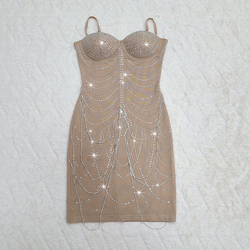 ELEGANT SEXY BACKLESS STRAP BEADING CHEST PAD DRESS