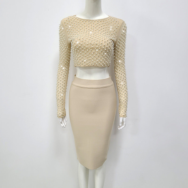 SMOOCHES BEADED CROP TOP KNEE LENGTH SKIRT SET