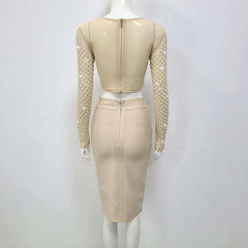 SMOOCHES BEADED CROP TOP KNEE LENGTH SKIRT SET