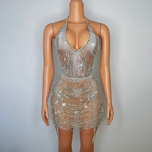 SMOOCHES DIAMONDS FLASH TASSELS HALTER LOW CUT BLINGBLING MINI CHAIN DRESS