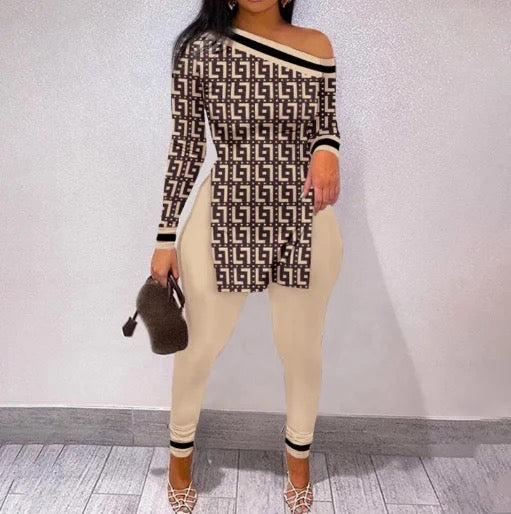 TWO PIECE MATCHING PRINT PANTS FASHIONABLE SET