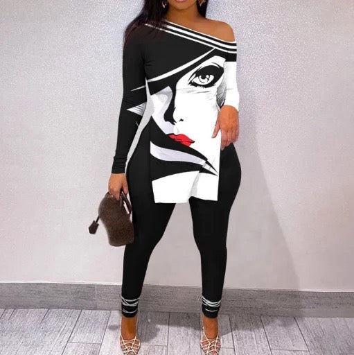TWO PIECE MATCHING PRINT PANTS FASHIONABLE SET