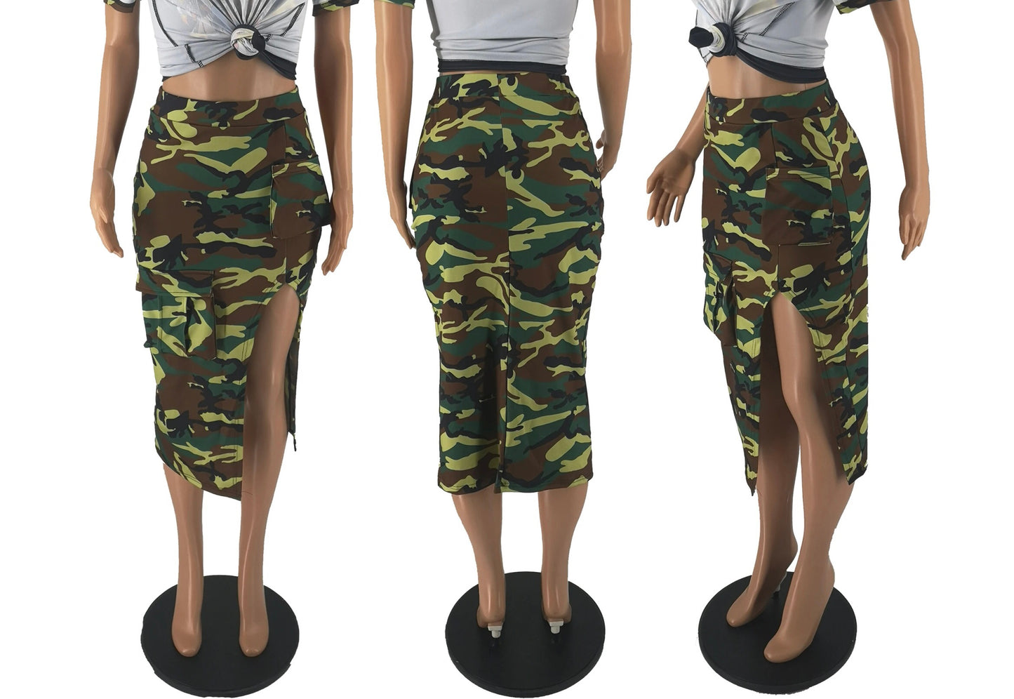 CAMO SKIRTS PRINT SPLIT HIGH WAIST FLAP POCKET SET